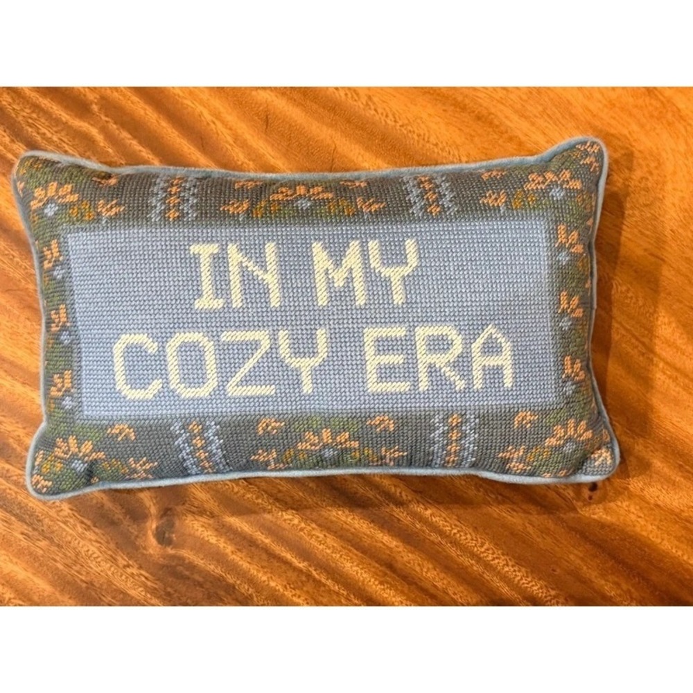 Furbish Studio "In My Cozy Era" Needlepoint Decorative Accent Pillow Blue NEW